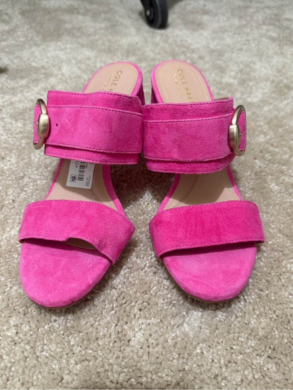 Cole Haan Hot Pink Suede Double-Strap Slide Mules with Gold Buckles